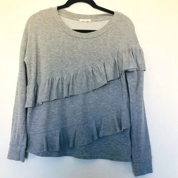 Sold Anthropologie Pleione French Terry Gray Tiered Ruffle Sweater- Size Medium - Picture 6 of 10